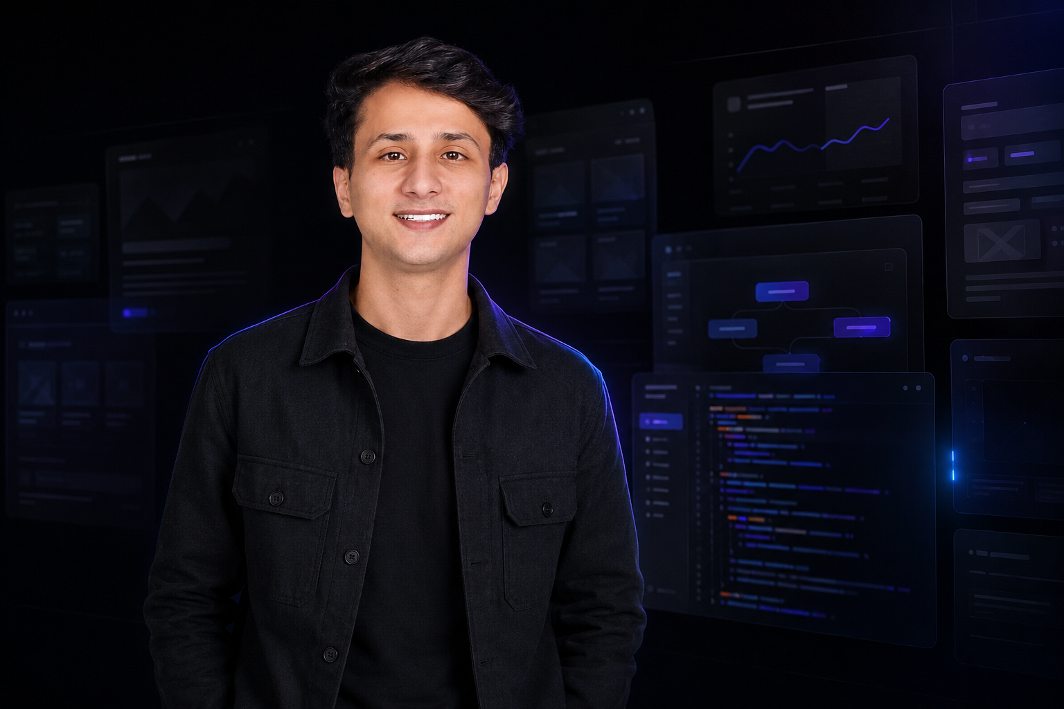 Mohand Elmaghraby in a dark digital systems environment with website dashboards, code panels, and marketing interface visuals